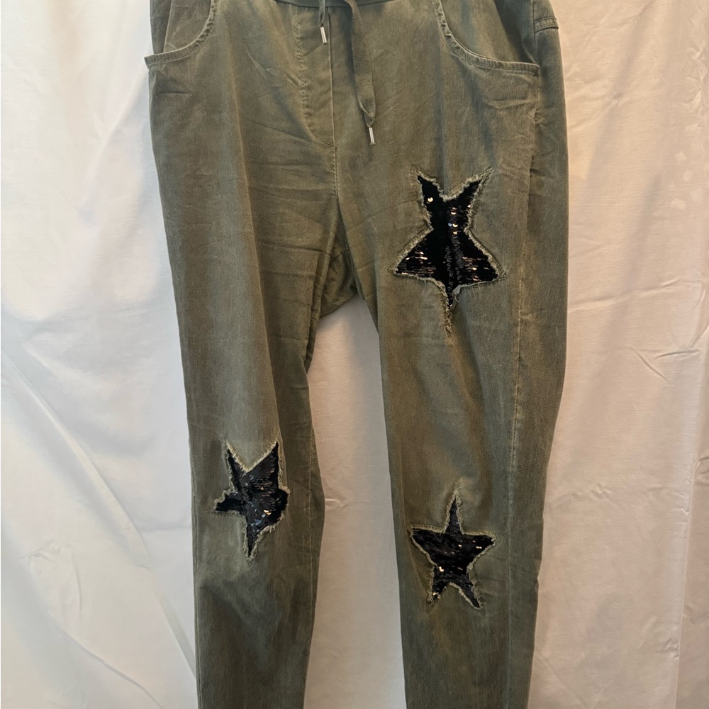 Women’s Olive Green Black Sequin Star Pants